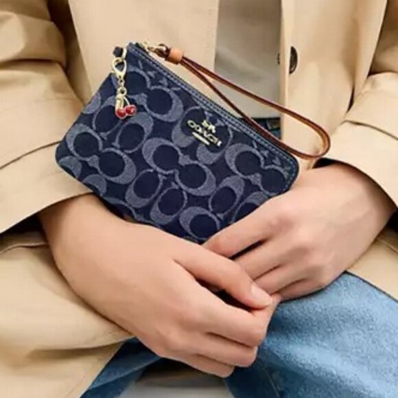 Coach Corner Zip Wristlet In Signature C in Denim w/Cherry Charm, NWT - Picture 6 of 6